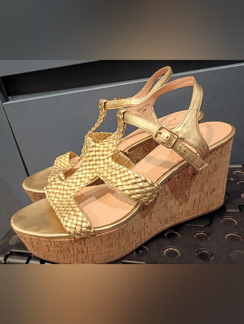 Kate Spade Tianna Gold Woven Leather T-Strap Cork Wedge Platform Sandals 9